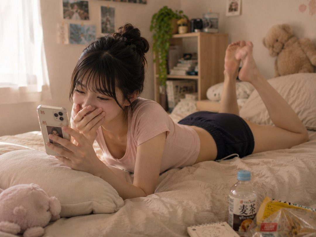 Young woman lying on her bed in casual clothes, smiling at her smartphone in a cozy bedroom setting.