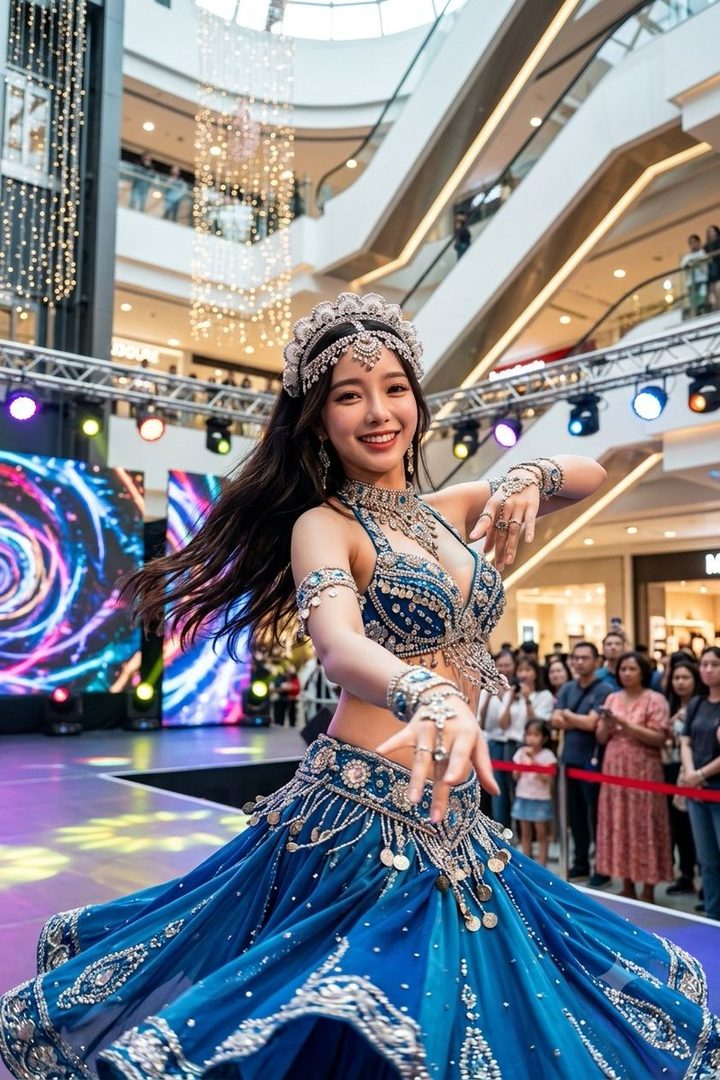 Young Asian woman in ornate blue belly dance costume performing dynamically inside a brightly lit shopping mall atrium.