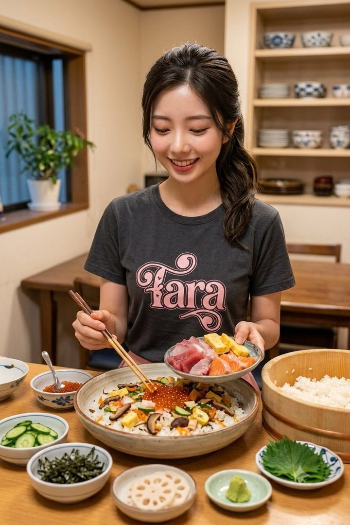 A smiling young East Asian woman in a casual t-shirt holding chopsticks over a large bowl of colorful chirashi sushi at a wooden dining table.