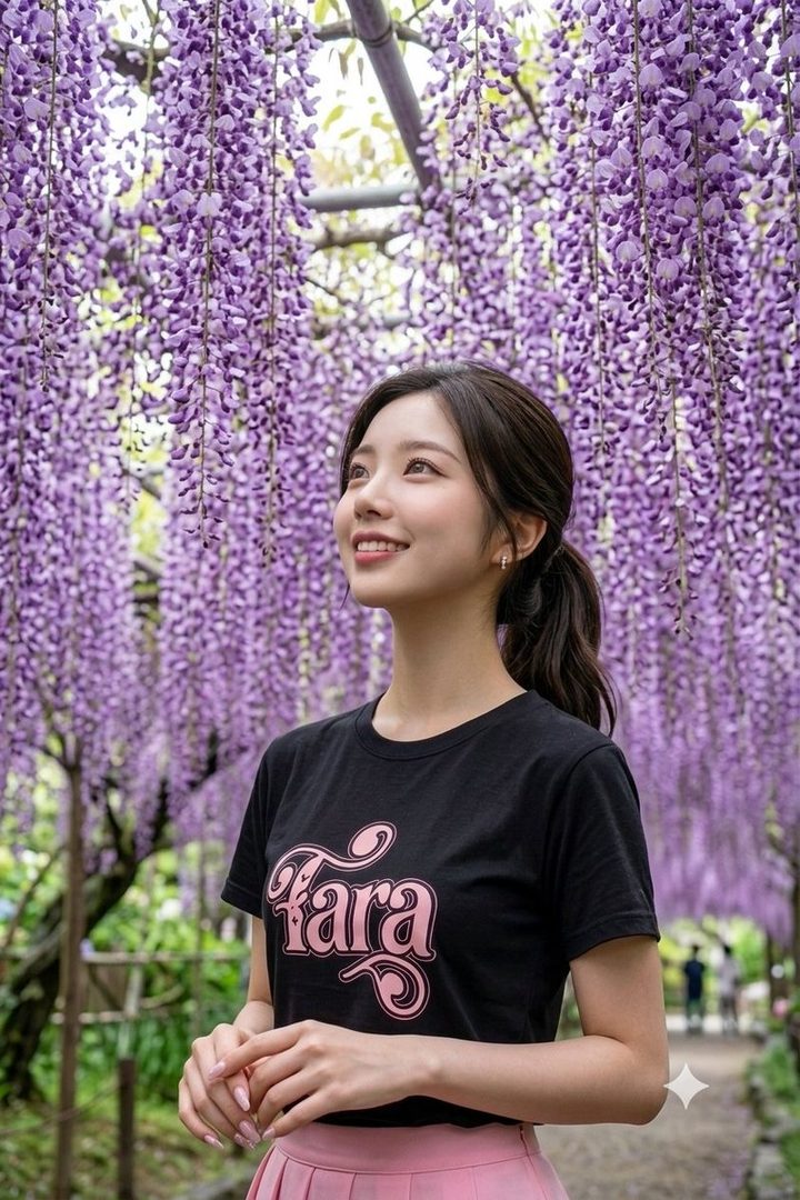 Young East Asian woman smiling under hanging purple wisteria blossoms in a garden.