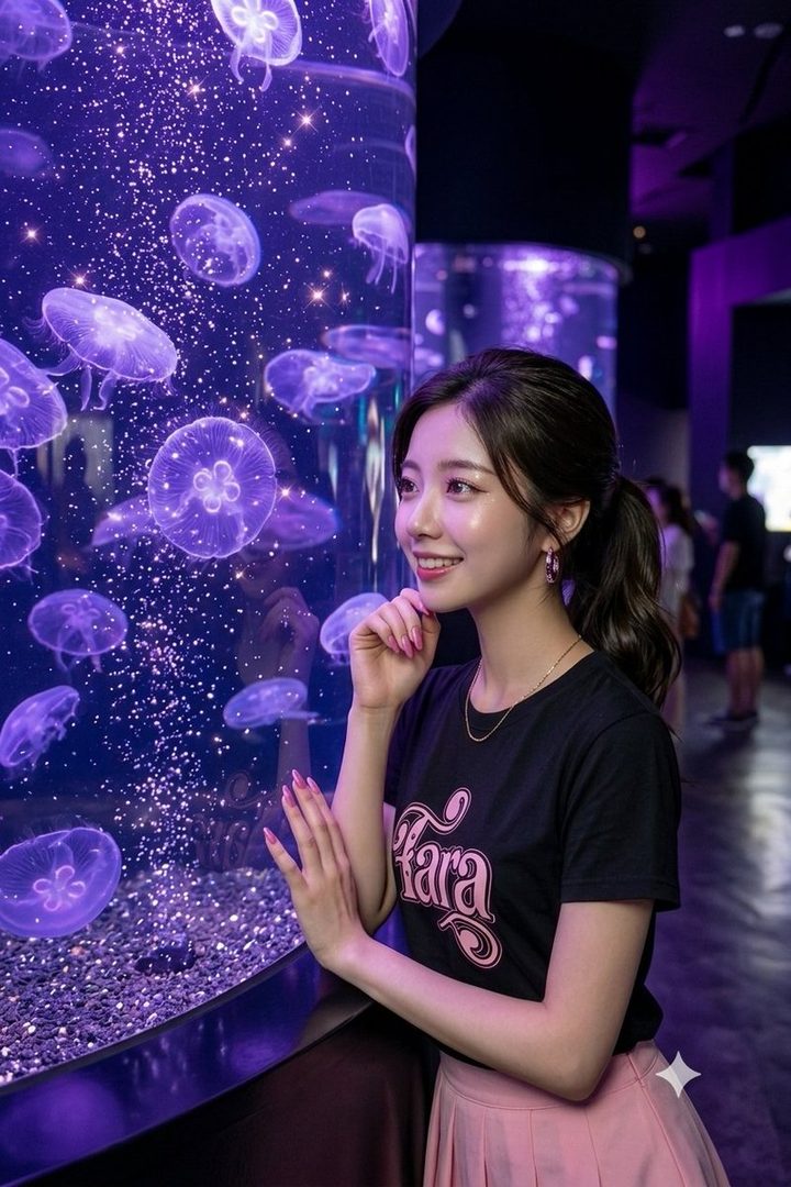A smiling young woman with a dark ponytail poses in front of a glowing purple jellyfish aquarium tank.