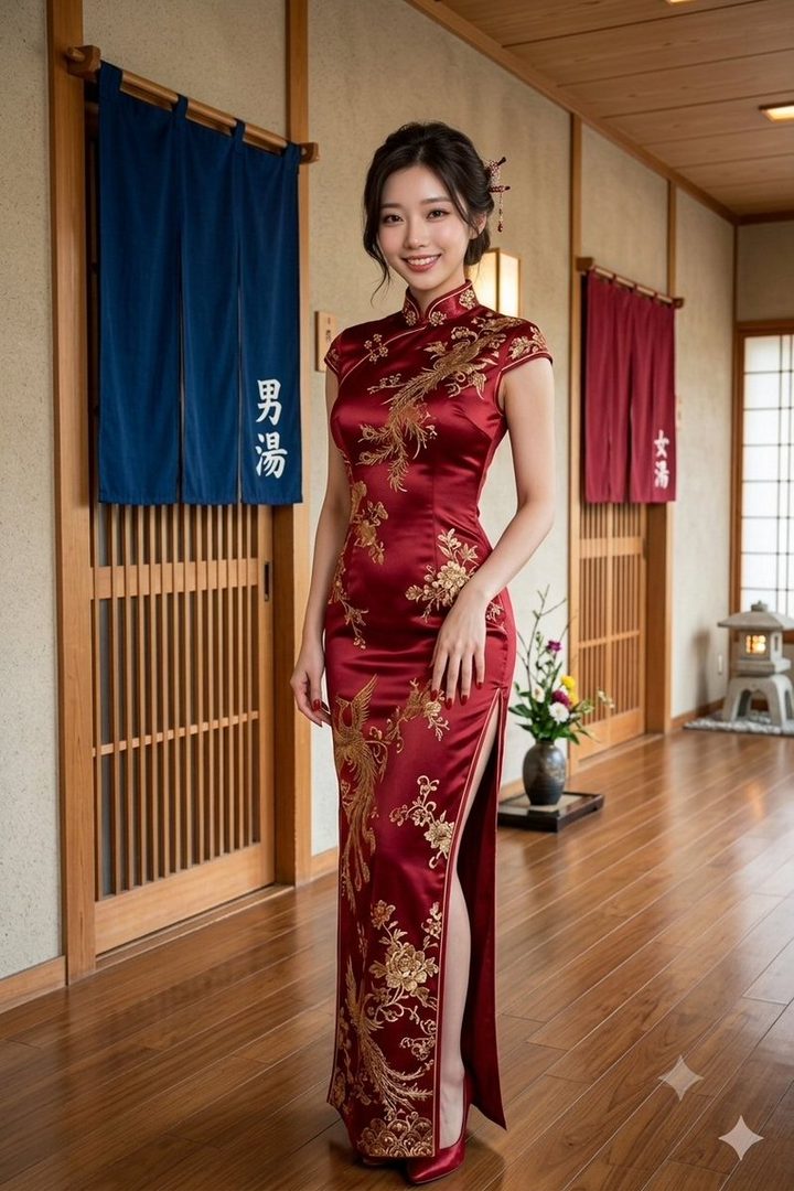 Elegant young woman wearing a red and gold embroidered qipao in a traditional Japanese wooden interior.