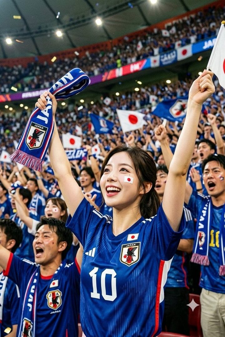 A joyful young Japanese woman cheering excitedly in a packed soccer stadium while wearing the national team jersey number 10.