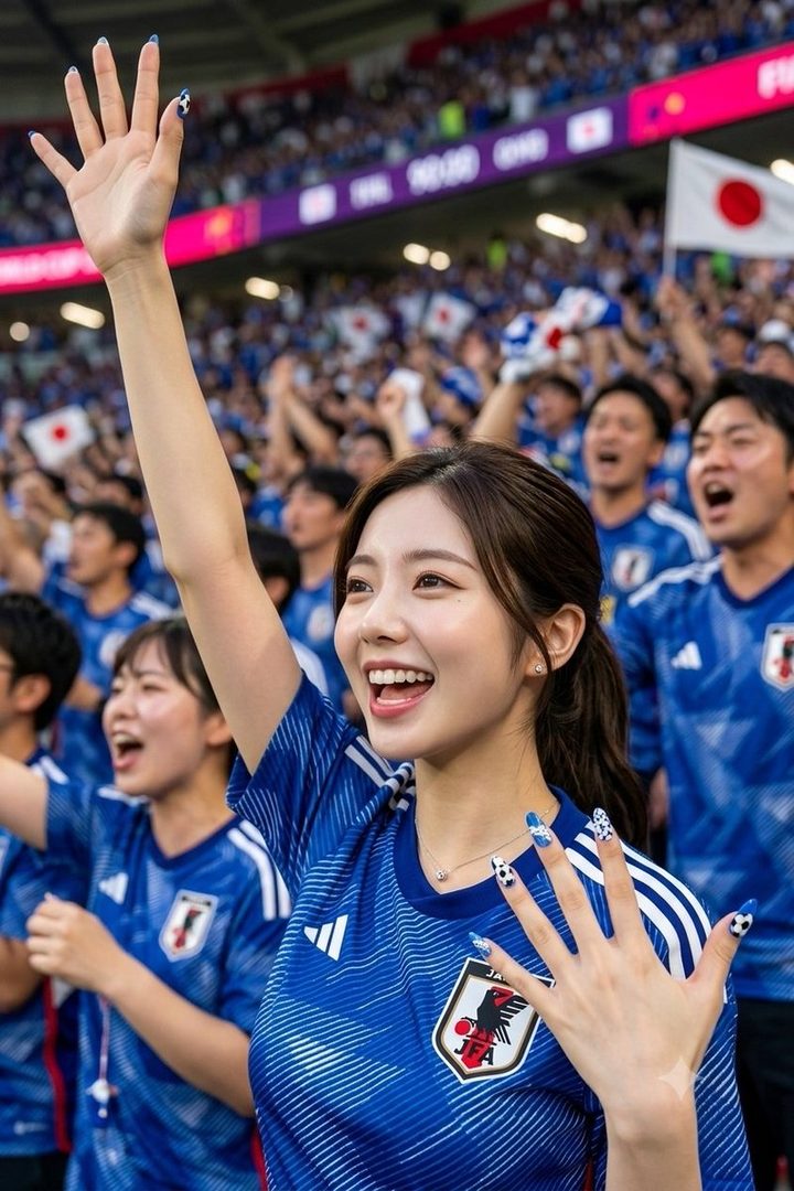 Smiling young Japanese woman in blue national soccer jersey waving excitedly among fans in a crowded stadium.