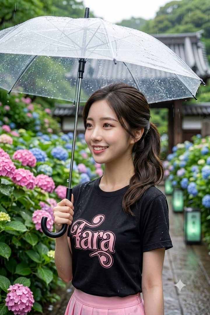 A smiling young East Asian woman with a brown ponytail holds a transparent umbrella in a rainy hydrangea garden beside a traditional Japanese building.