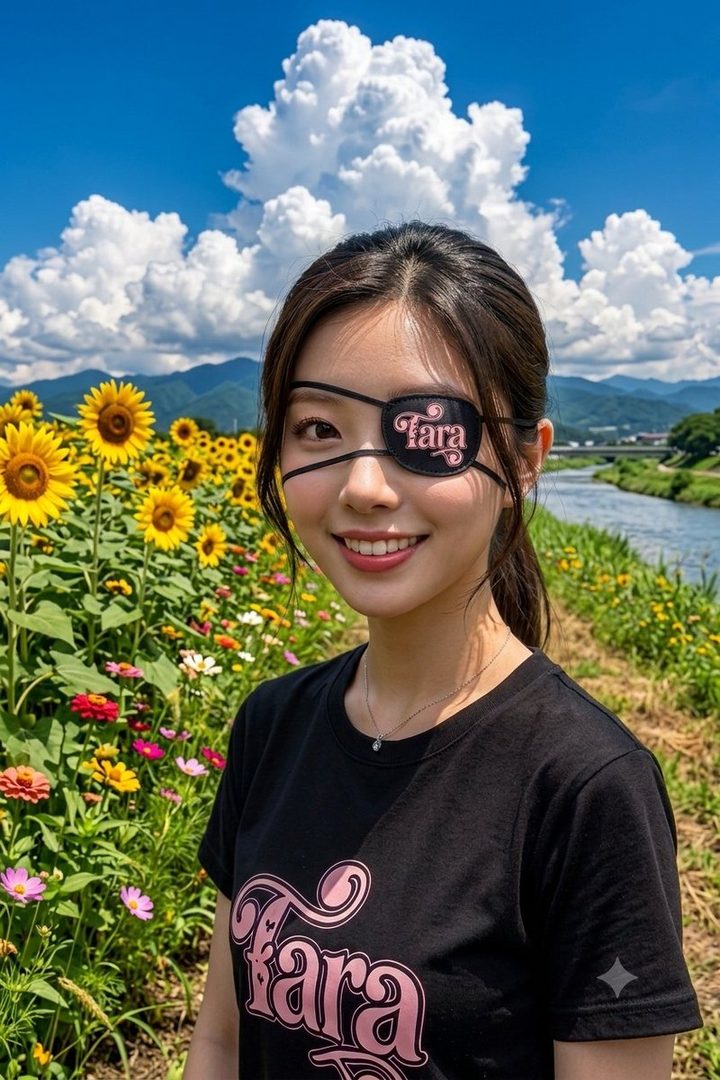Young woman with long black hair and a decorative eye patch smiles in a vibrant sunflower field under a bright blue sky with fluffy clouds.