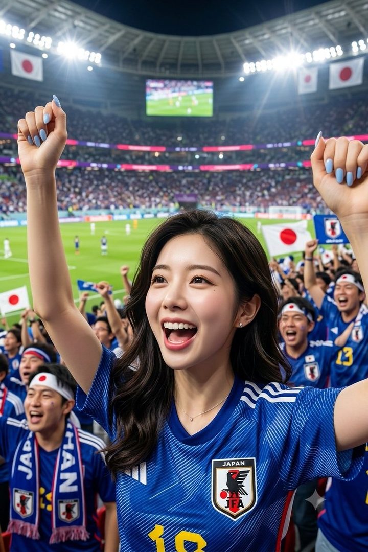 Excited young Japanese woman in a blue national soccer jersey cheering with raised arms in a packed stadium at night.