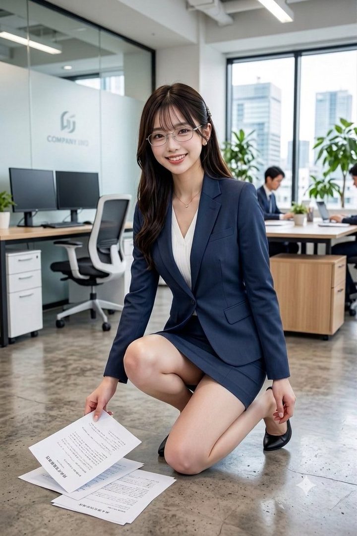Professional young woman in navy business suit and glasses kneeling in a bright modern office holding documents.