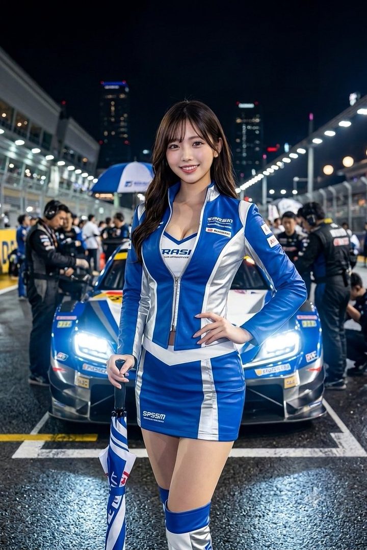 Smiling young woman in blue and white racing suit posing confidently at a nighttime racetrack beside a blue race car.