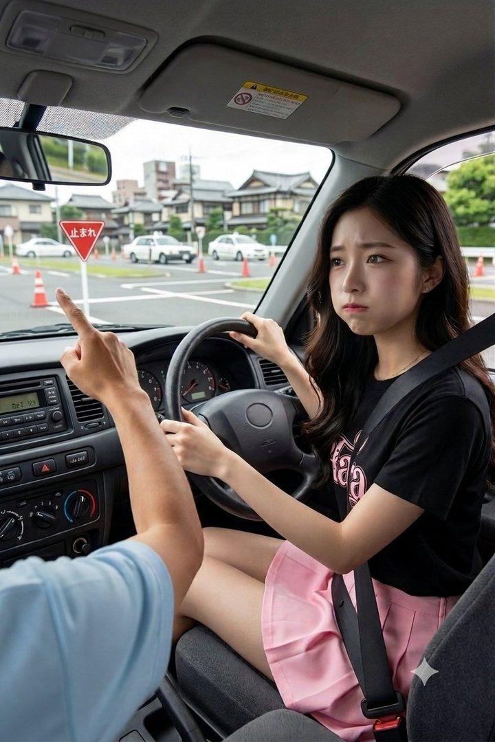 Young woman in a pink skirt receiving a driving lesson inside a car with an instructor's hand visible.