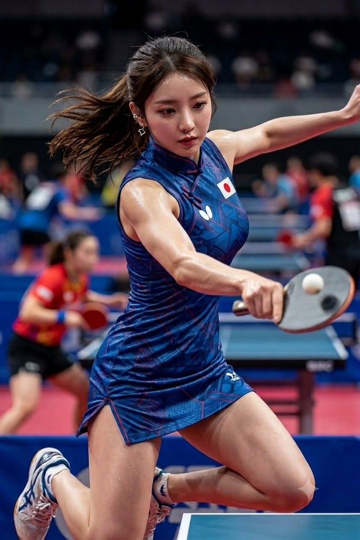 Dynamic action portrait of an adult Japanese woman athlete playing table tennis in a blue sportswear uniform with Japan flag emblem.