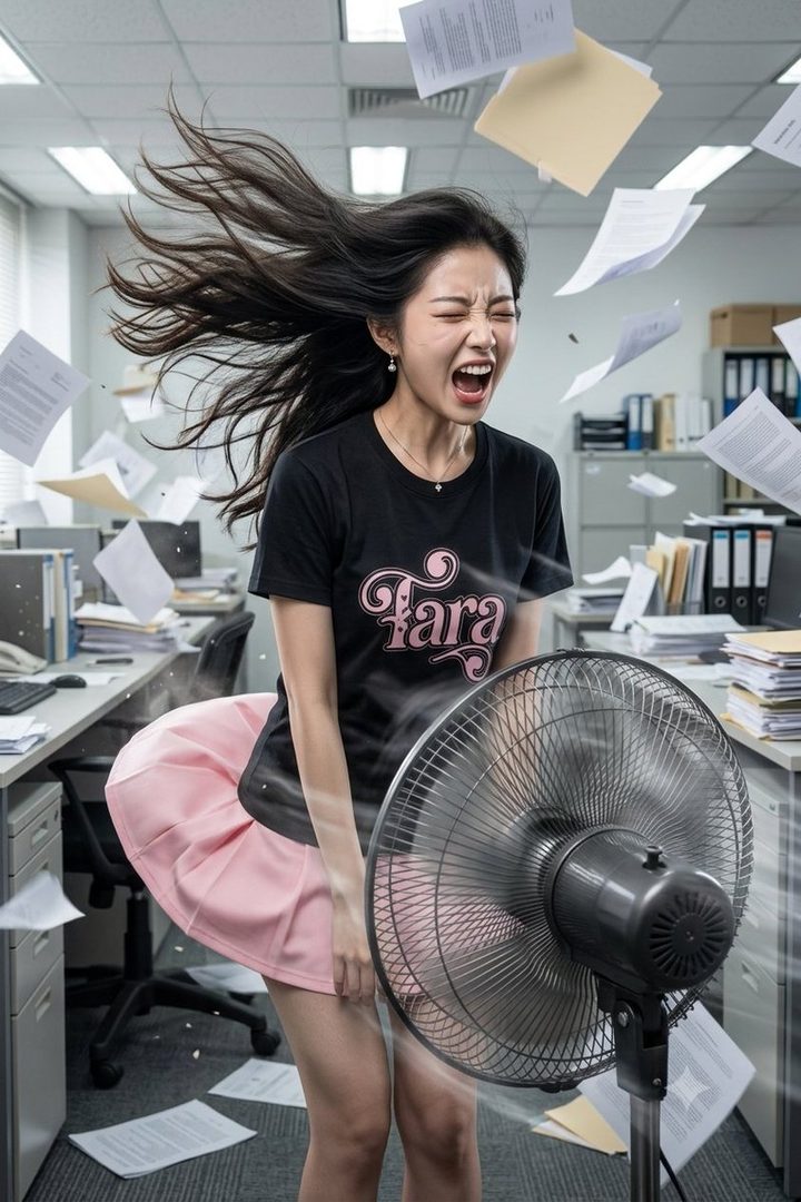 Young Asian woman in an office with strong wind from a fan blowing papers and lifting her pink skirt, dynamic AI portrait.