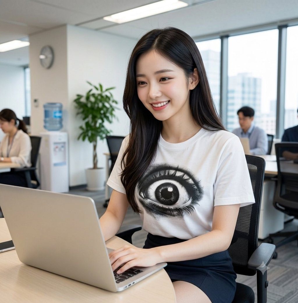 A young woman with long black hair smiles while working on a laptop in a bright modern office, wearing a white t-shirt with a large eye graphic.