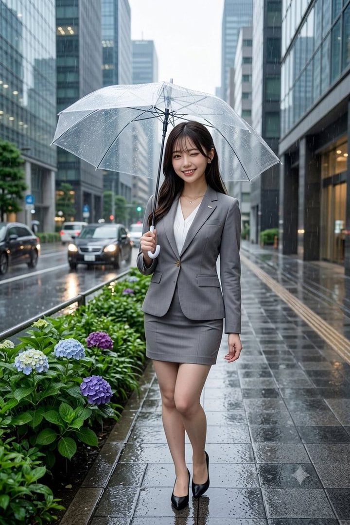 Young woman in a gray business suit smiling while holding a transparent umbrella on a rainy city street lined with modern buildings.