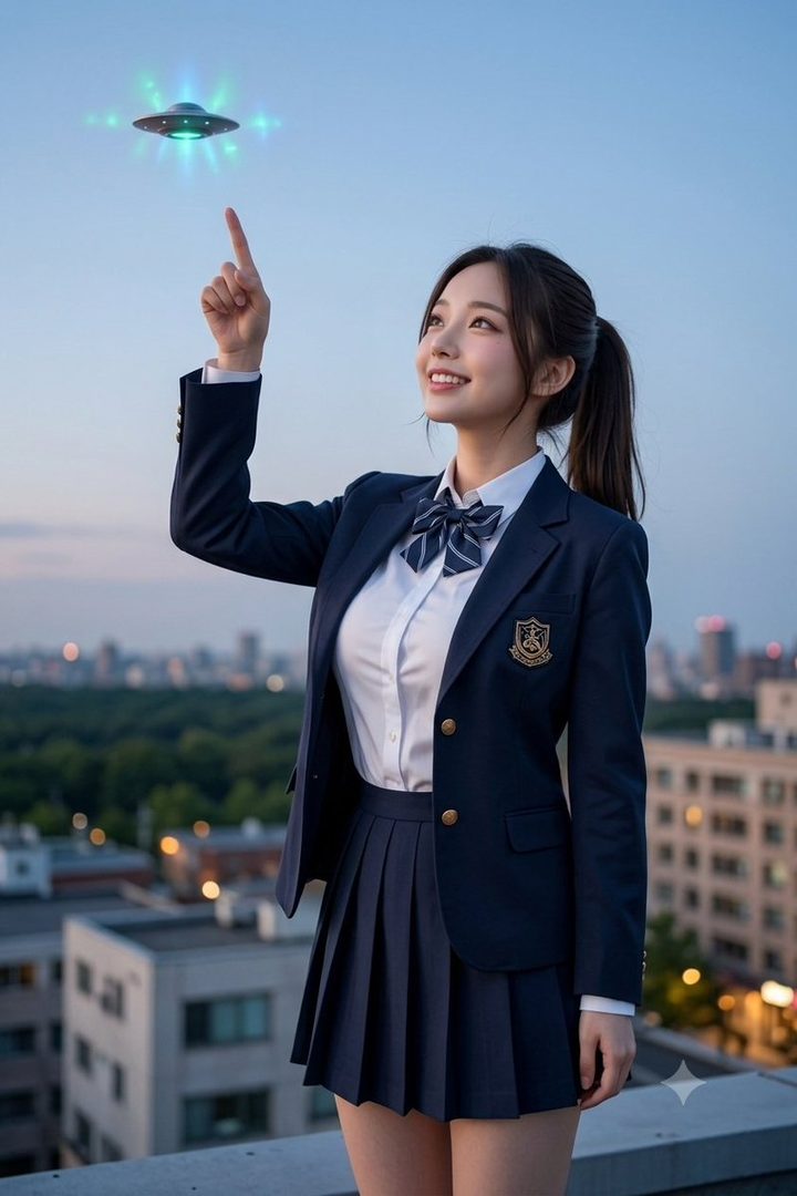 A smiling young woman in a Japanese school uniform points upward at a glowing UFO hovering over a city skyline at dusk.