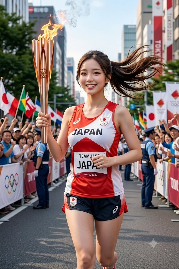 Young woman in Japan team athletic wear running with lit Olympic torch on city street during daytime event.