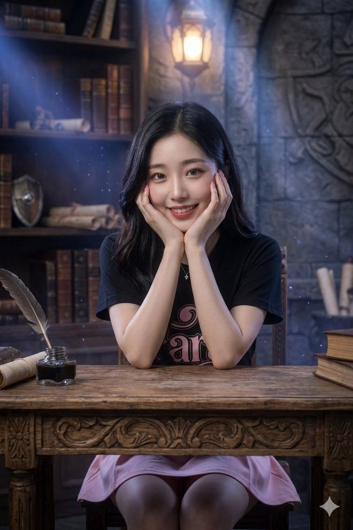 A smiling young East Asian woman with long black hair rests her chin on her hands at an ornate wooden desk in a magical library filled with books.