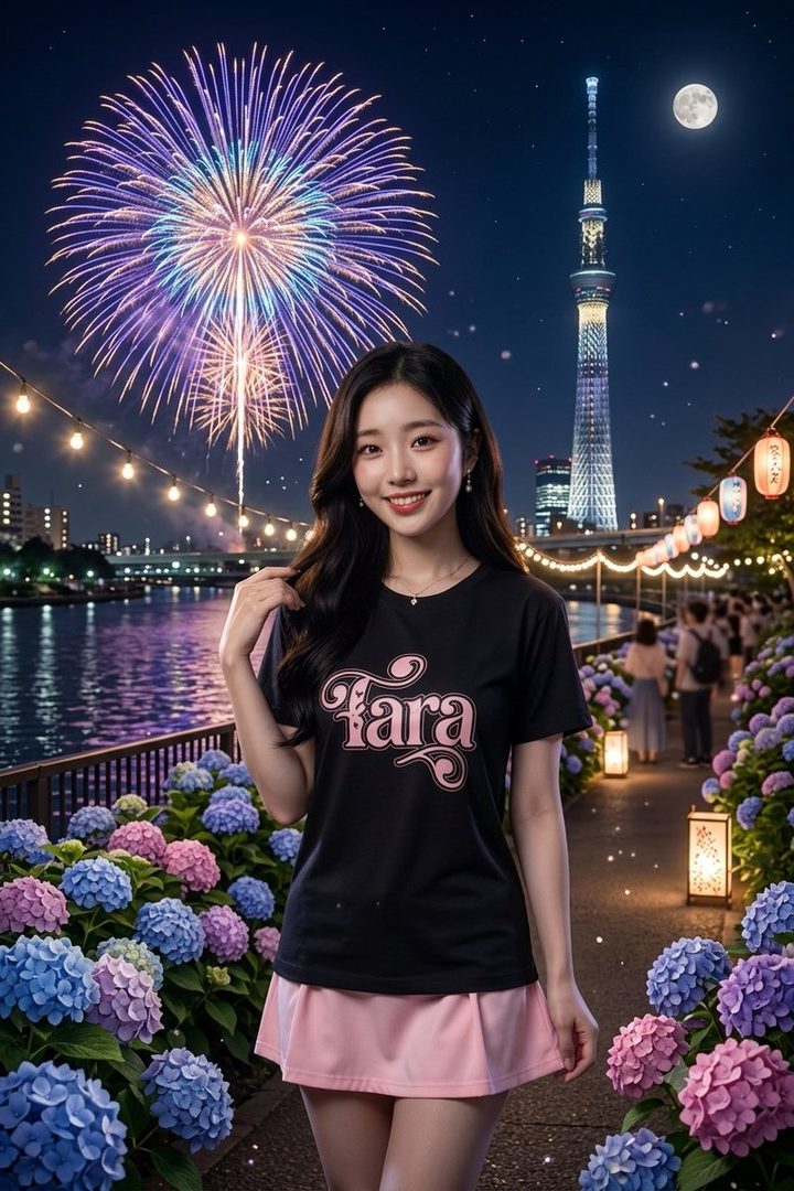 A smiling young East Asian woman with long black hair stands in a vibrant Tokyo riverside night scene with fireworks, Tokyo Skytree, and colorful hydrangeas, wearing a black graphic t-shirt and pink skirt.