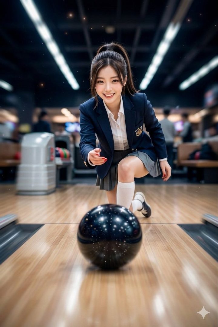 A smiling young woman in a Japanese school uniform kneels playfully in a bowling alley, reaching toward a starry cosmic bowling ball.