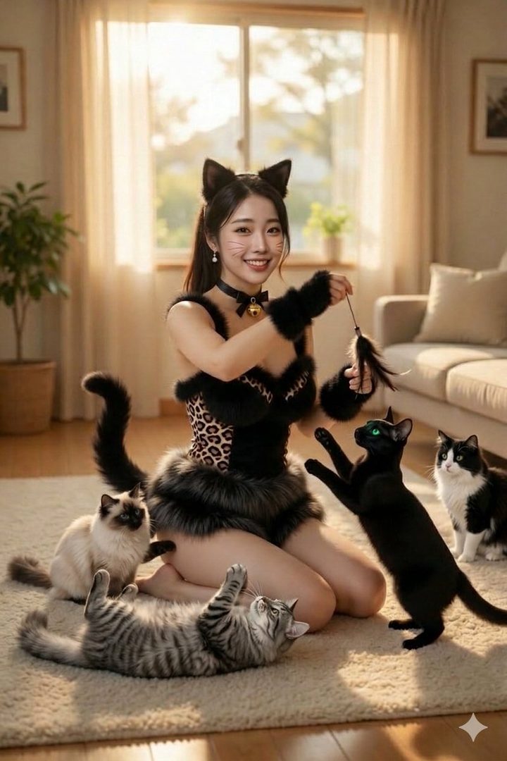 Smiling young woman in cat-ear costume playing with four cats on a rug in a sunlit living room.