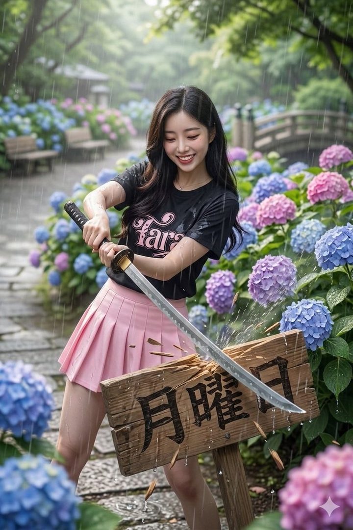 Young East Asian woman with long black hair smiling in the rain while striking a wooden sign with a katana among blooming hydrangeas.