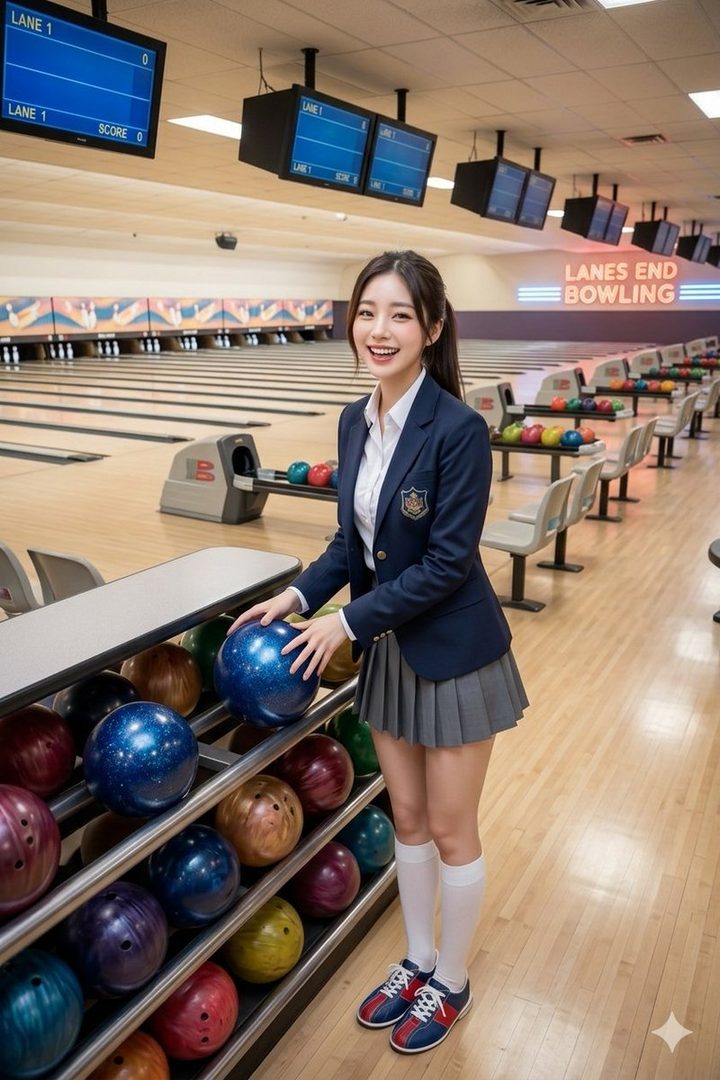 Young woman in Japanese school uniform smiling while holding a blue bowling ball inside a modern bowling alley.