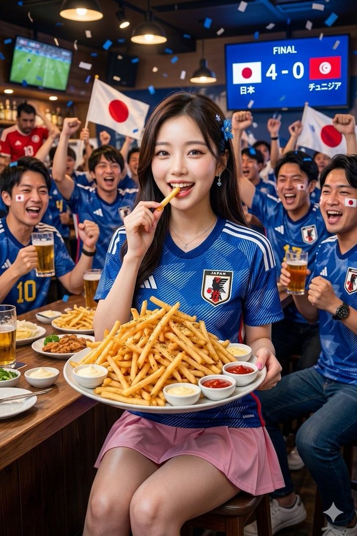 A young East Asian woman in a Japan soccer jersey happily eating french fries at a lively victory party surrounded by celebrating male fans.