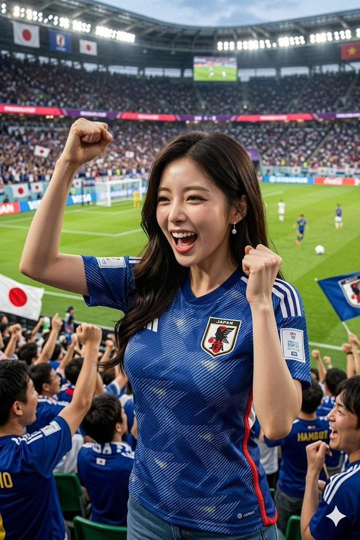 A joyful young Japanese woman in a blue national soccer jersey celebrating with raised fists in a packed stadium during a World Cup match.