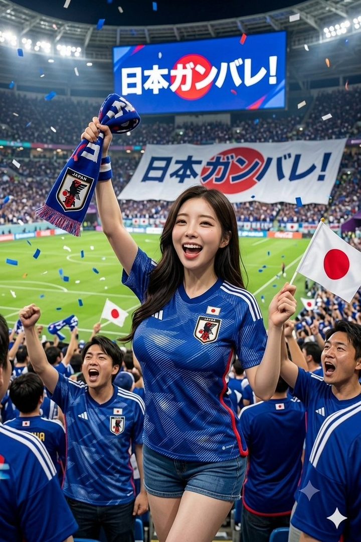 A joyful young woman in a Japan national soccer jersey cheering excitedly in a packed stadium with confetti and flags.