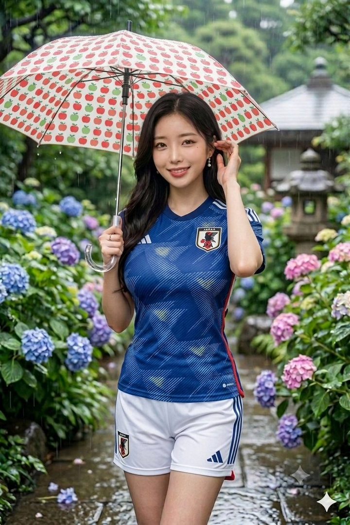 A young East Asian woman in a Japan national soccer jersey smiles while holding a red apple-patterned umbrella in a rainy hydrangea garden.