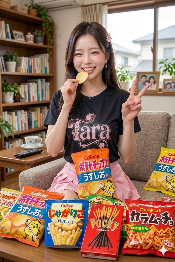 A smiling young East Asian woman named Tara sits indoors holding a potato chip and flashing a peace sign, surrounded by colorful Japanese snack packages on a wooden table.