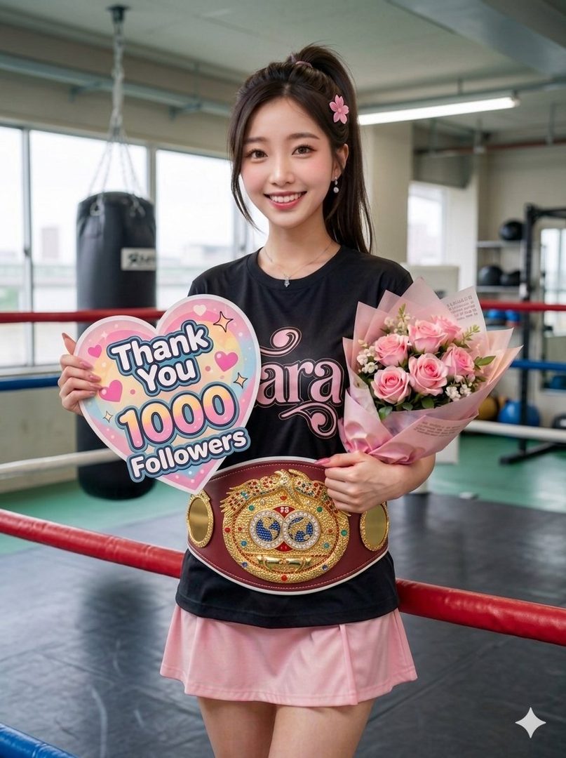 A smiling young East Asian woman in a boxing gym holds a large thank-you heart sign and pink roses while wearing a championship belt.