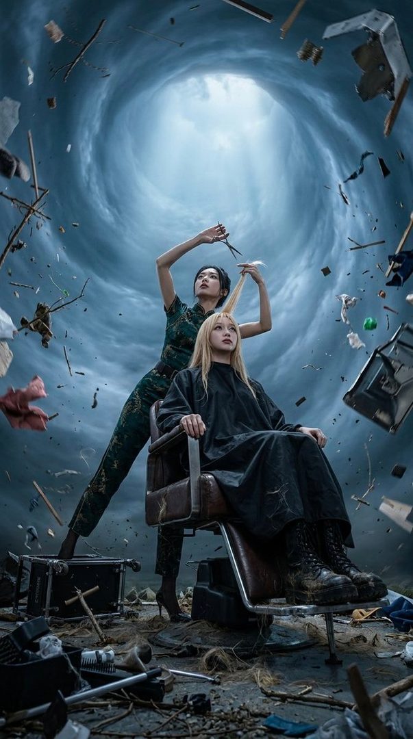 Two women in a surreal scene, one cutting the other's hair amidst a tornado with debris flying around.