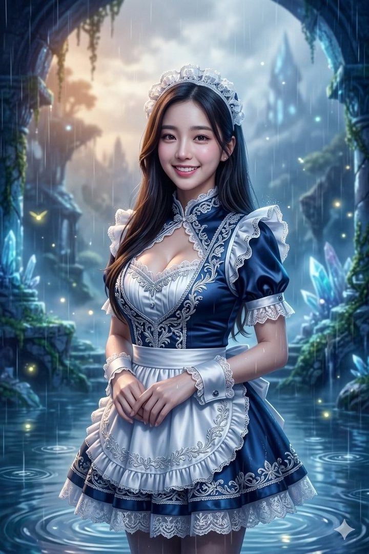 Smiling young woman in an elegant blue and white maid dress posing in a rainy fantasy crystal cave landscape.