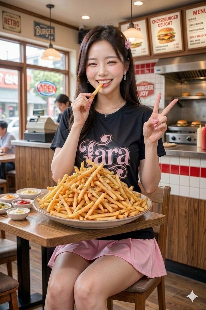 Smiling young East Asian woman with long black hair in a casual black t-shirt and pink skirt, playfully holding a french fry and making a peace sign beside a huge plate of fries in a retro burger restaurant.