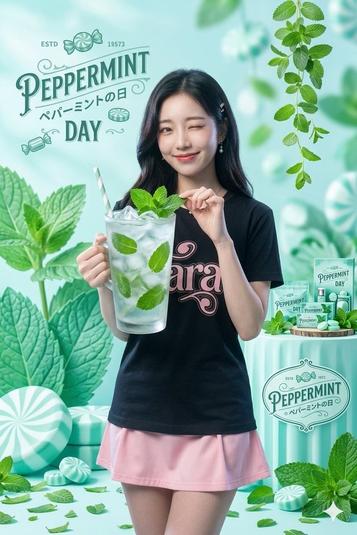 A young East Asian woman with long black hair smiles while holding a tall glass of iced peppermint drink surrounded by fresh mint leaves in a vibrant studio setting.