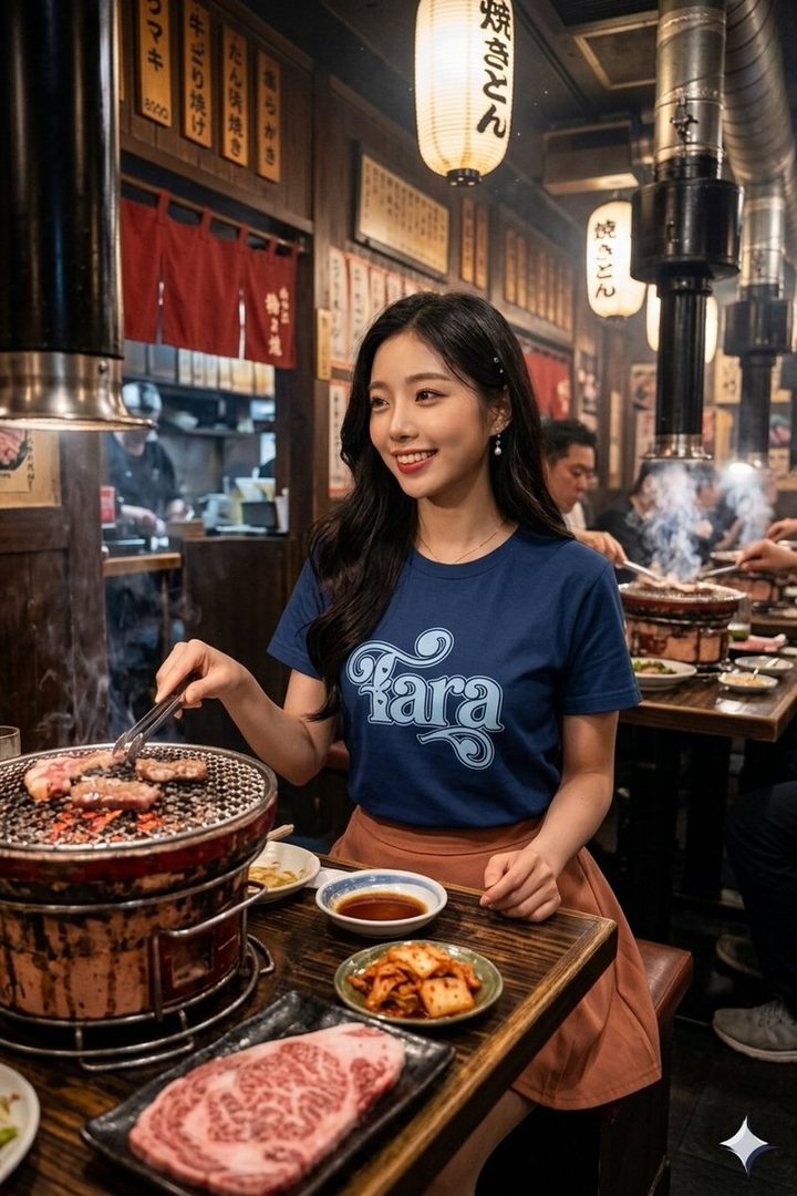 Young East Asian woman with long black hair smiling while grilling meat at a traditional Japanese yakiniku restaurant.