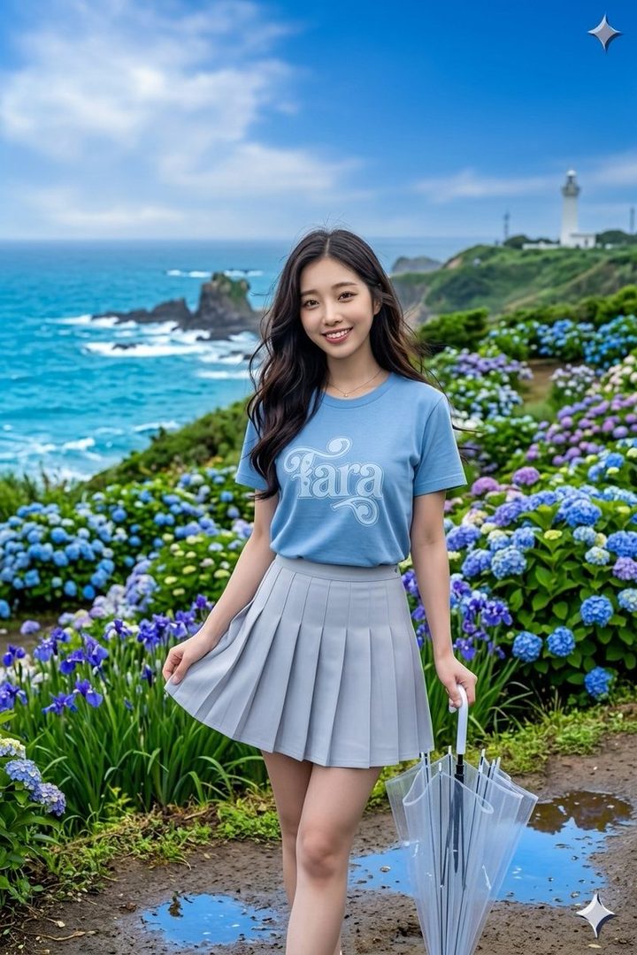 A smiling young woman with long dark hair wearing a blue t-shirt and gray pleated skirt stands in a coastal hydrangea garden holding a clear umbrella.