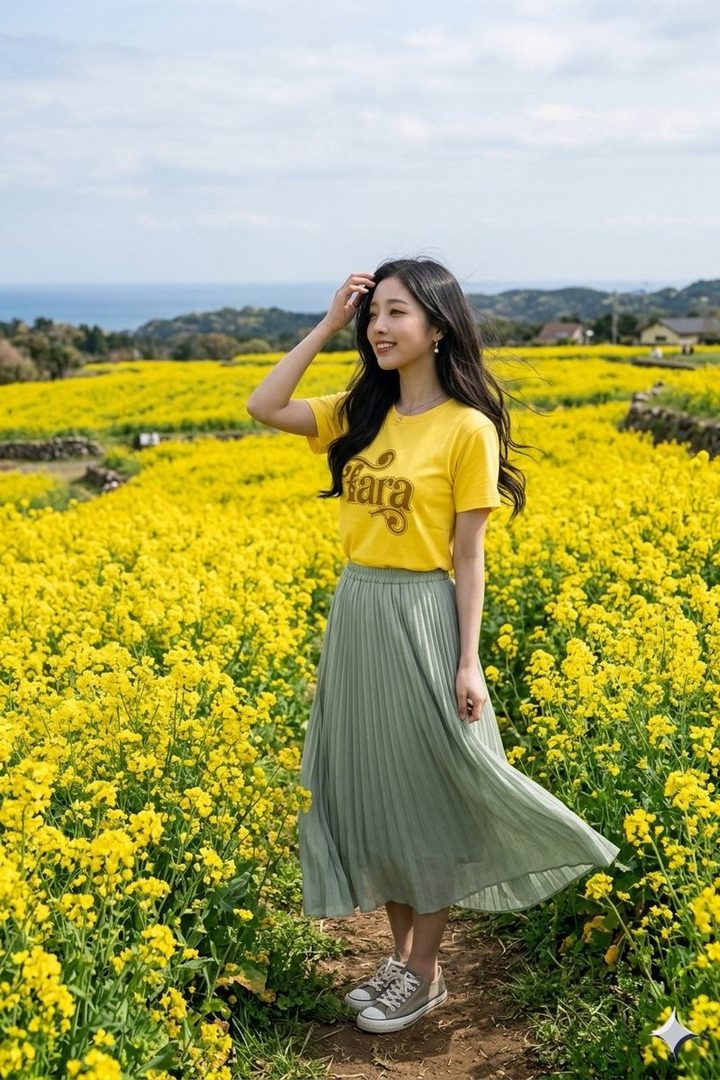 A young East Asian woman with long black hair posing in a vibrant yellow flower field overlooking the ocean, wearing a yellow t-shirt and flowing green skirt.