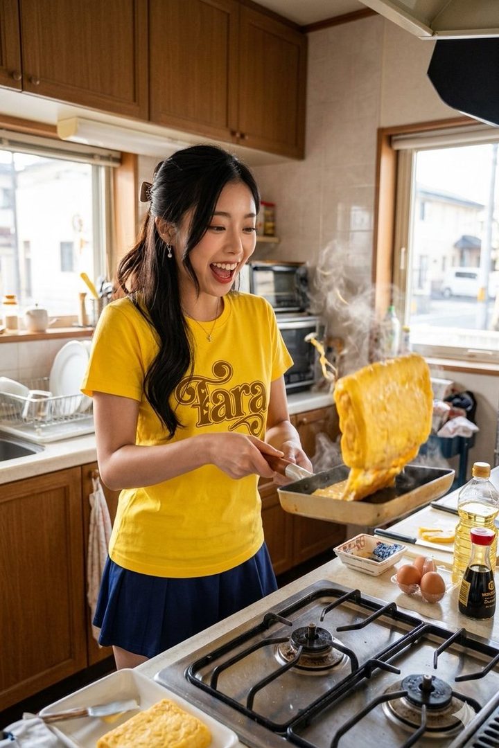 A smiling young woman in a yellow t-shirt flips a golden tamagoyaki in a bright home kitchen.