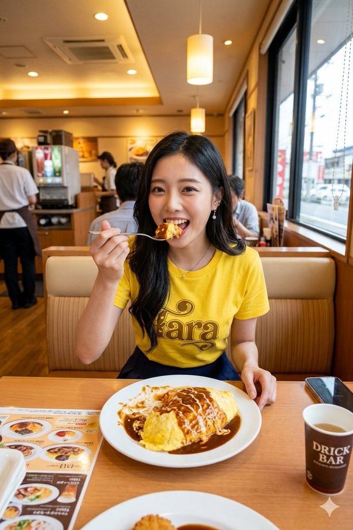 A young East Asian woman with long black hair smiles while eating omurice at a restaurant table in a bright Japanese diner.