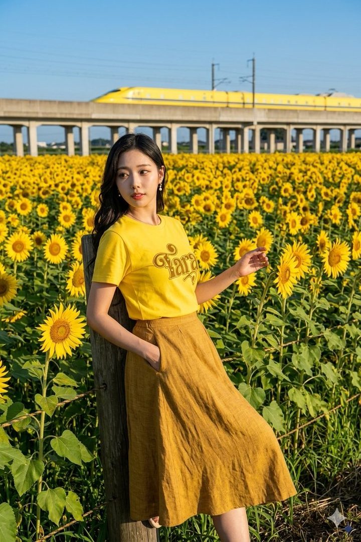A young East Asian woman in a yellow t-shirt and mustard skirt posing beside a wooden post in a vast sunflower field with a yellow bullet train on an overpass in the background.