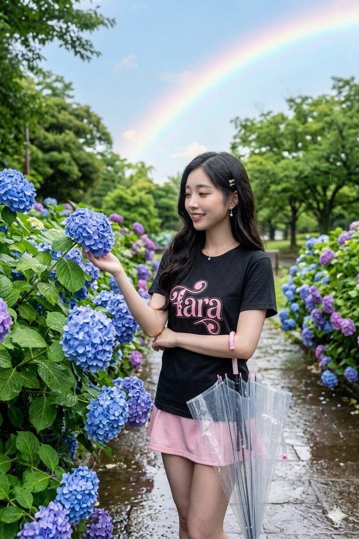 Young woman in casual black t-shirt and pink skirt gently touching blue hydrangeas in a rainy garden with a rainbow overhead.