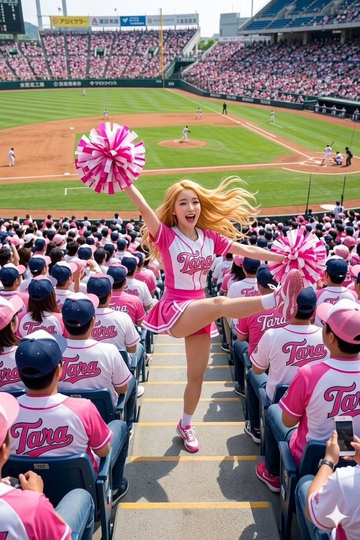 Blonde cheerleader in pink Tara uniform energetically cheering with pom-poms in a crowded baseball stadium.