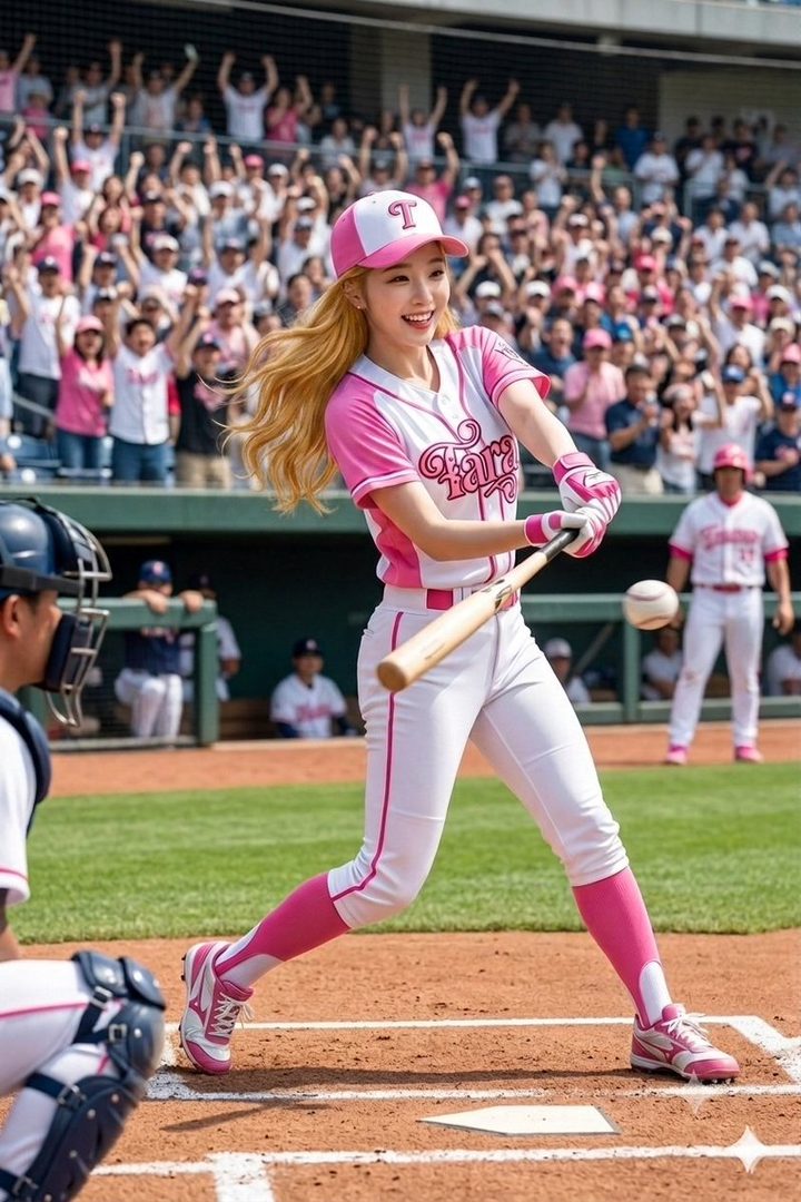 A smiling blonde woman in a pink and white baseball uniform swings a bat on the field with a cheering crowd behind her.