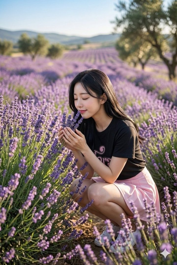 A young East Asian woman with long black hair crouches in a vast lavender field at golden hour, gently holding purple blooms to her face.