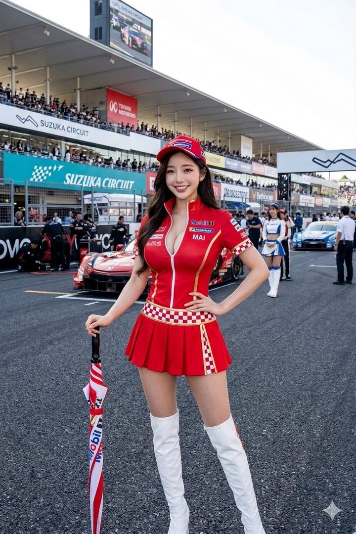Smiling woman in red race queen uniform and white boots posing at Suzuka Circuit with a red race car behind her.