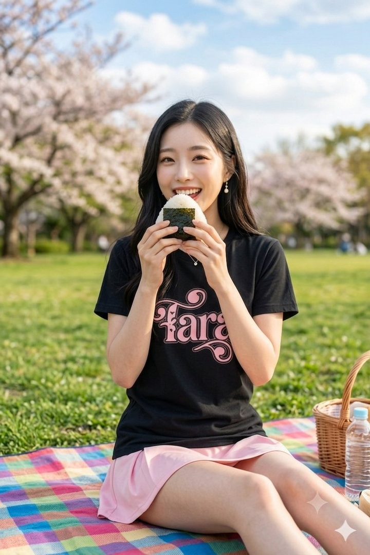 Young East Asian woman smiling while holding an onigiri during a cherry blossom picnic in the park.