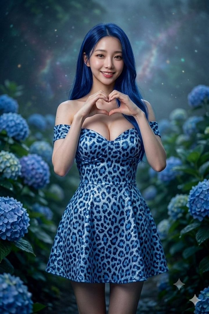 A smiling young woman with long blue hair wearing a blue leopard-print off-shoulder dress, forming a heart shape with her hands in a magical garden of blue hydrangeas under a starry sky.
