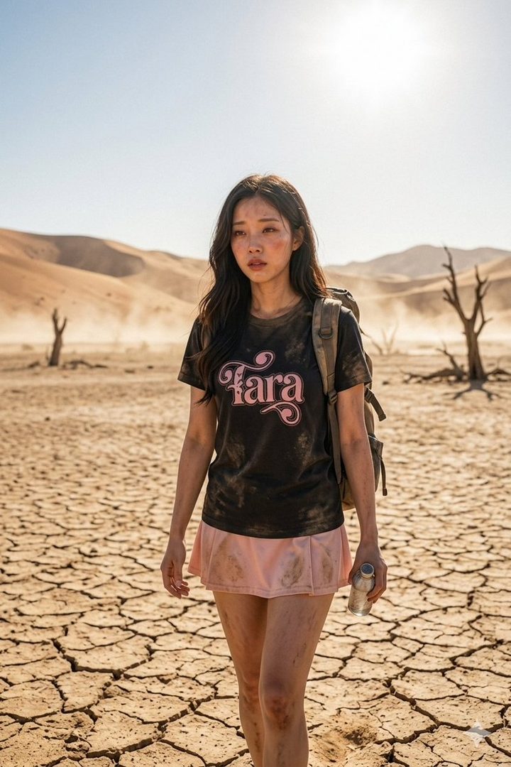 A young woman with long dark hair walks through a sunlit cracked desert wearing a dirty t-shirt and pink shorts.